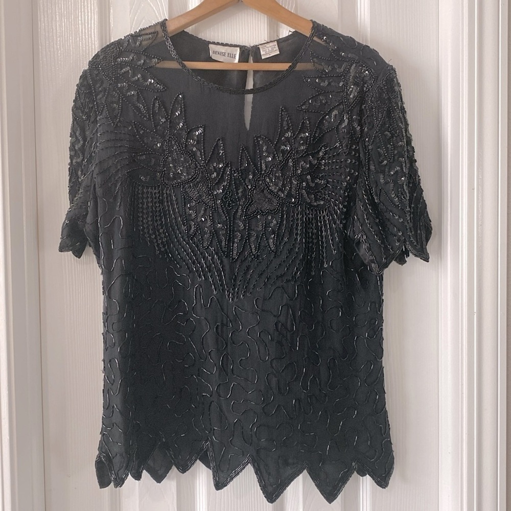 Vintage Denise Elle black sequined and beaded short sleeve evening blouse top L